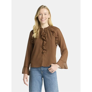 Time & Tru XL NWT Brown Long Sleeve Ruffled Chiffon Shirt